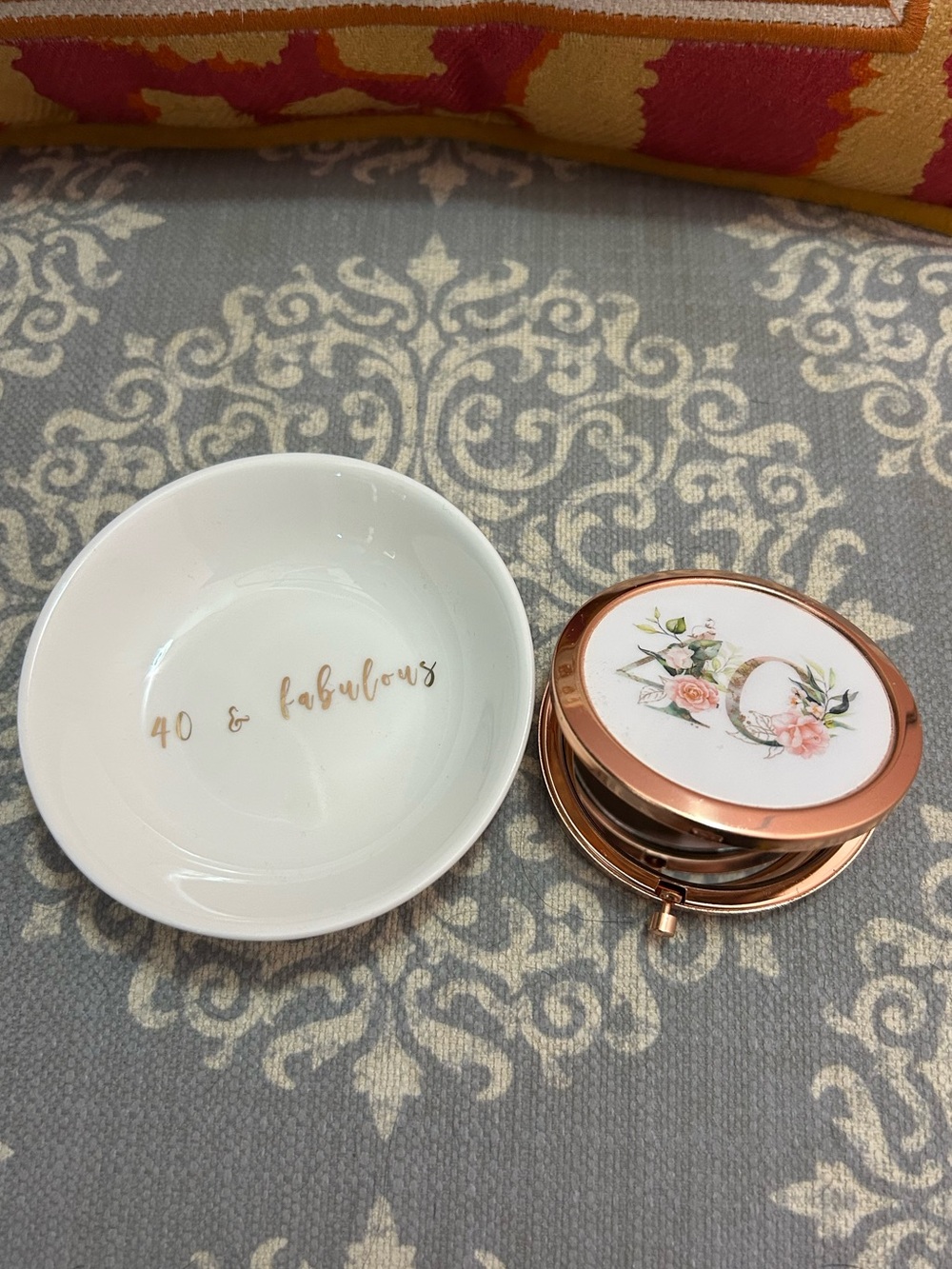 Rose Gold Floral Compact Mirror and White Trinket Dish Set